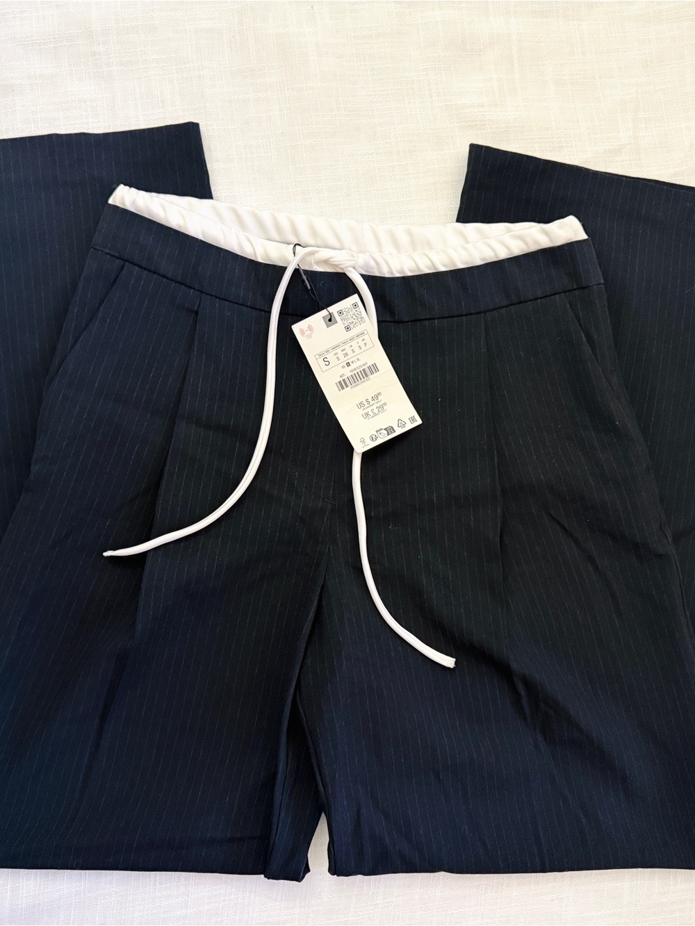 NWT Zara women wide legs striped pants with white waste string, size S